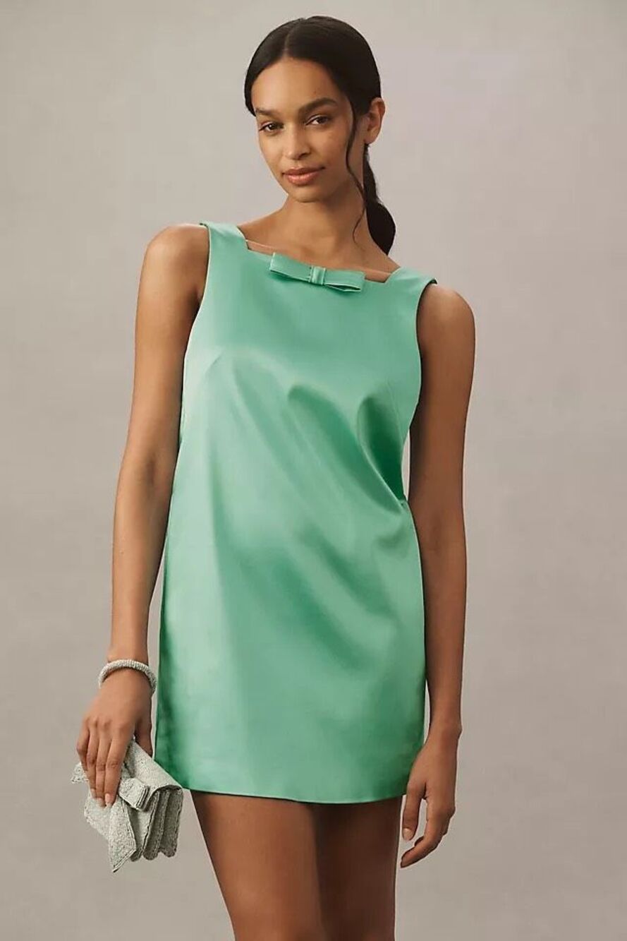 BHLDN Zara Square-Neck Bow Satin Mini Dress in Blue XL